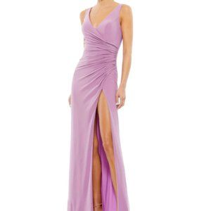 MAC DUGGAL 26513 RUCHED STRETCH JERSEY V-NECK THIGH SLIT LILLAC GOWN sz 8